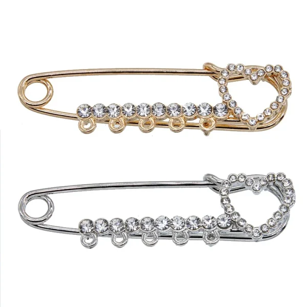 Heart Rhinestone Safety Pin Brooch with 5 Loops for Jewelry Making and Clothing Decoration